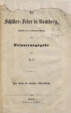 Die Schiller-Feier in Bamberg : als Erinnerungsgabe