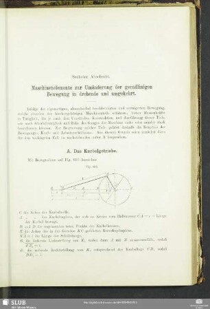 Sechster Abschnitt. Maschinenelemente zur Umänderung der geradlinigen Bewegung in drehende und umgekehrt.
