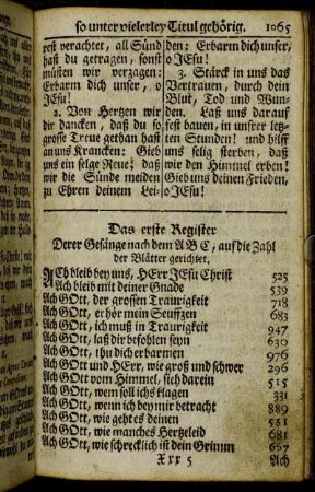 Das erste Register Derer Gesänge nach dem ABC, auf die Zahl der Blätter gerichtet