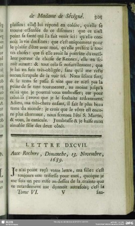 Lettre DXCVII. Aux Rochers, Dimanche, 13. Novembre, 1689