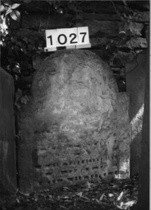 Grabstein 1027 (Index: 99630530) Material: Sandstein Zustand: stark verwittert, Textverlust Maße HxBxT: 71x59x9 cm Beschreibung: Stele mit eingezogenem Rundbogenabschluß: Grabstein 1027