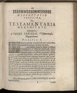 Disceptatio Undecima. De Testamentaria Hereditate.