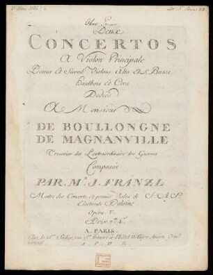 Deux concertos à violon principale, premier et second violons, alto et basse, hautbois et cors. Oboe primo : opera V