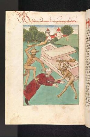 Zwei Teufel schlagen einen Mann vor dessen Steingrab; (Johannes).