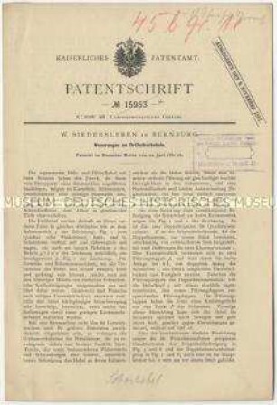 Patentschrift über Neuerungen an Drillscharhebeln, Patent-Nr. 15953