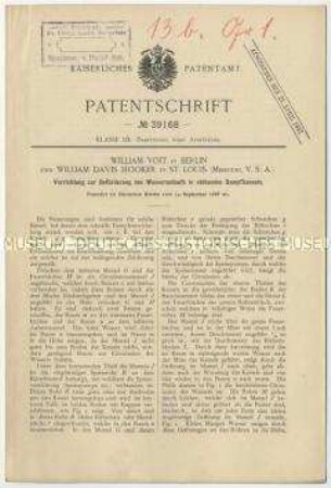 Patentschrift einer Vorrichtung zur Beförderung des Wasserumlaufs in stehenden Dampfkesseln, Patent-Nr. 39168