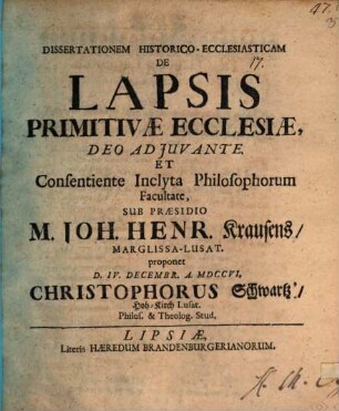 Dissertationem historico-ecclesiasticam de lapsis primitivae ecclesiae
