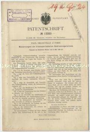 Patentschrift einer Neuerung an transportablen Schienengleisen, Patent-Nr. 13359