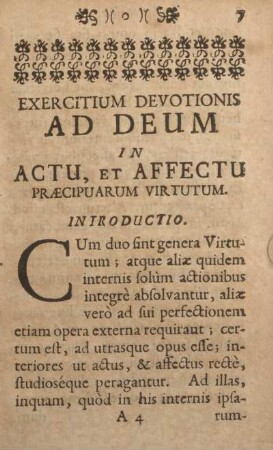 Exercitium devotionis ad deum in actu, et affectu præcipuarum virtutum.