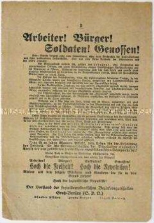 Aufruf der SPD zum Eintritt in die freiwillige republikanische Schutzwehr im Zuge des Januaraufstandes 1919