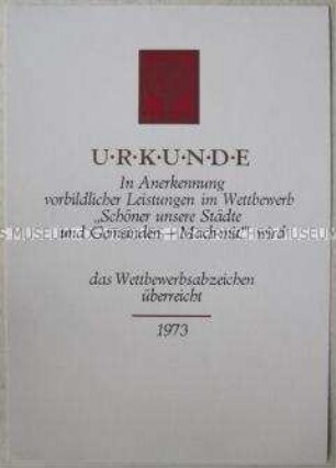 Vordruck einer Urkunde zum Wettbewerb "Schöner unsere Städte und Gemeinden - Mach mit!" (blanko)