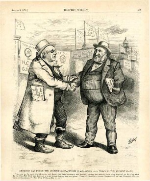Diogenes has found the honest man.- (Which is Diogenes, and which is the honest man?). [Anschließend folgt ein Textblock] : Horace Greeley reicht William Tweed die Hand