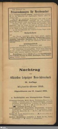 Nachtrag zum Offiziellen Leipziger Mess-Adressbuch