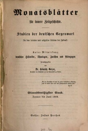 Monatsblätter für innere Zeitgeschichte : Studien d. deutschen Gegenwart für d. socialen u. religiösen Frieden d. Zukunft. 31. 1868
