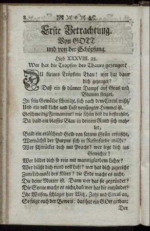Erste Betrachtung. Von Gott und von der Schöpfung. - Sechste Betrachtung. Von der allgemeinen Gnade.