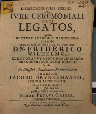 Diss. iuris publ. de iure ceremoniali circa legatos