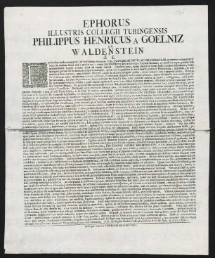 Ephorus Illustris Collegii Tubingensis Philippus Henricus A Goelniz, In Waldenstein L. S.