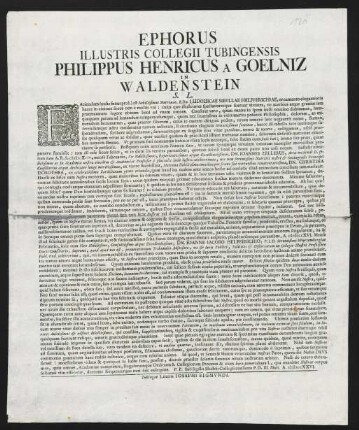 Ephorus Illustris Collegii Tubingensis Philippus Henricus A Goelniz, In Waldenstein L. S.