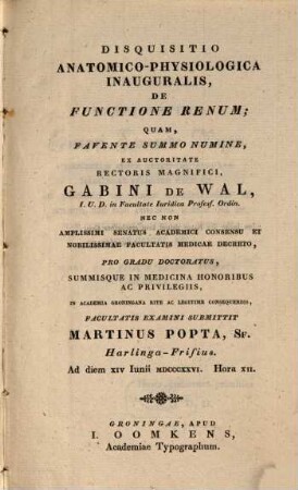Disquisitio anatomico-physiologica inaug. de functione renum