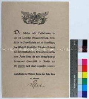Zertifikat des Centralkomitees der Deutschen Vereine vom Roten Kreuz über rechtmäßigen Erwerb eines vom Kriegsschauplatz stammenden Sprengstücks auf der Deutschen Kriegsausstellung (Blanko-Formular)