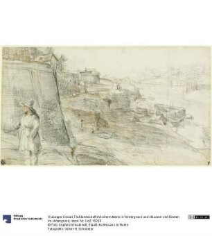 Flußlandschaft mit einem Mann in Vordergrund und Häusern und Booten im Hintergrund