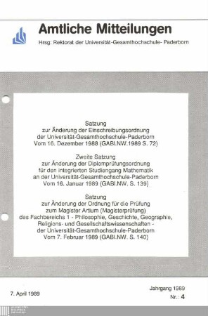 Satzung zur Änderung der Einschreibungsordnung der Universität- Gesamthochschule-Paderborn : vom 16. Dezember 1988 (GABL.NW.1989 S. 72)