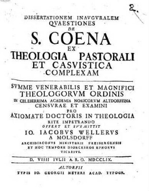 Diss. inaug. quaestiones de s. coena ex theologia pastorali et casuistica complexa