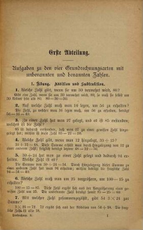 Denkrechnen : Sammlung von leichteren algebraischen Aufgaben in stufenmäßiger Ordnung zum Gebrauch in den oberen Klassen der Volksschulen, sowie in Fortbildungsschulen, Töchterinstuten und Präparandenschulen. Ausgabe B. Aufgaben mit Lösungen