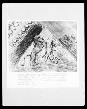 Ausmalung der Camera degli Sposi — Deckenmalereien — Stichkappe mit Szene aus dem Mythos von Herakles: Herakles tötet den Nemeischen Löwen