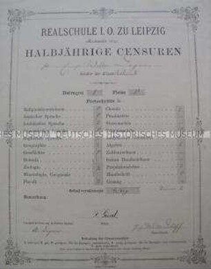 Halbjahreszeugnis der Realschule I. Ordnung zu Leipzig, Klasse: Unterprima B, für Walter Degen; Leipzig, Sept. (Michaelis) 1880