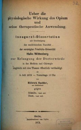 Ueber die physiologische Wirkung des Opium und seine therapeutische Anwendung