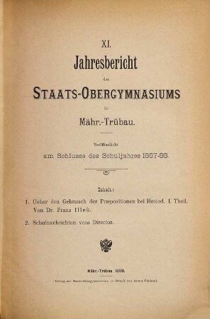 Jahresbericht des Staats-Obergymnasiums in Mähr.-Trübau : veröffentlicht am Schlusse des Schuljahres .... 11. 1887/88