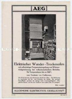Elektrischer Wander-Trockenofen mit selbsttätiger Temperaturregelung und Wärmerückgewinnung bei vollautomatischem Betriebe, für Temperaturen bis zu 300 Grad, zum Trocknen von Gußkernen.