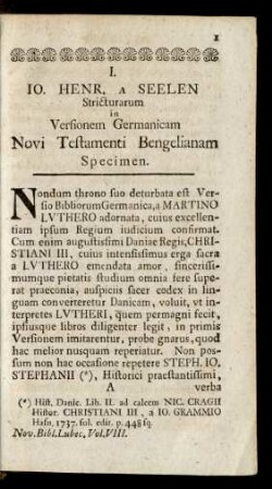 I. Io. Henr. A Seelen Stricturarum in Versionem Germanicam Novi Testamenti Bengelianam Specimen