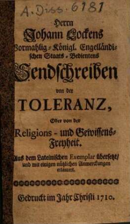 Joh. Lockens Sendschreiben von der Toleranz