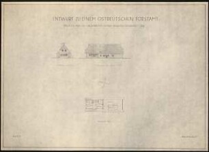 Ostdeutsches Forstamt Schinkelwettbewerb 1944: Kutscher- und Waldarbeiter-, Angestellten-Gehöft. Ansichten von NO und NW, Grundriss DG 1:200