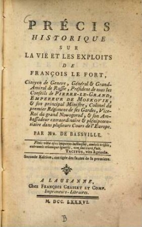 Précis historique sur la Vie ... de Franc. Lefort