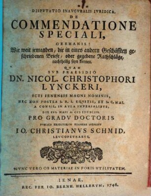 Disp. inaug. iur. de commendatione speciali