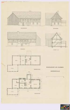 Wilhelmsdorf [Wilhelmsburg] (Landkreis Goldberg): Umgebindehaus. Haupthaus (zwei Seiten-Ansichten, Wohn-Giebel-Ansicht, Querschnitt A-B, Grundriss des Obergeschosses, Grundriss des Erdgeschosses). - Scheune (Giebel-Ansicht, zwei Seiten-Ansichten, Grundriss des Obergeschosses, Grundriss des Erdgeschosses)
