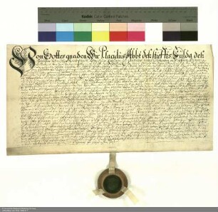 Lehenbrief des Placidus [von Droste], Abt von Fulda, für Johann Leopold von Geyso zu Völkershausen und Mansbach über einen Teil des Schlosses in Mansbach und weitere im Einzelnen aufgeführte Lehen