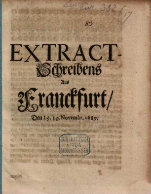 Extract eines Schreibens aus Frankfort d. 29. 19. Novemb. 1689