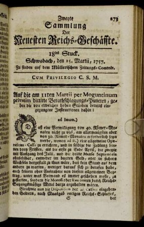 18tes Stuck. Schwabach, den 25. Martii, 1757.