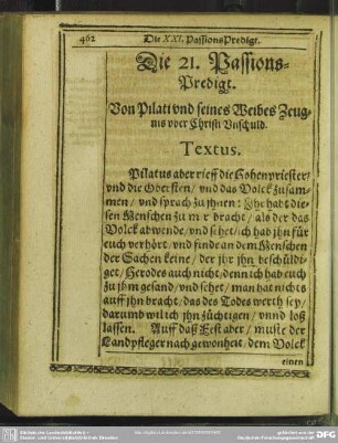 Die 21. Passions-Predigt. Von Pilati und seines Weibes Zeugnis uber Christi Unschuld