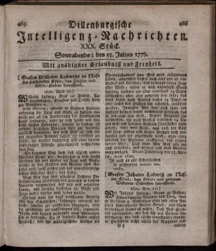 XXX. Stück. Sonnabends: den 25. Julius 1778.