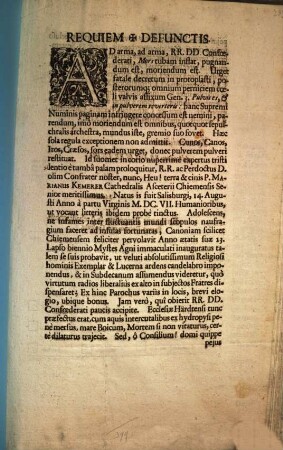 Requiem Defunctis : Ad arma, ad arma, RR. DD. Confoederati, Mors tubam inflat, pugnandum est, moriendum est ... P. Marianus Kemerer ...