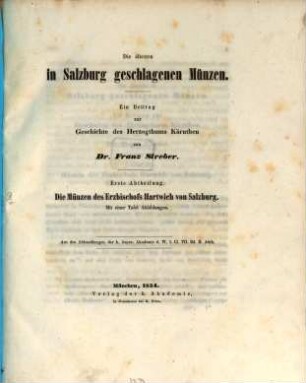 Die ältesten in Salzburg geschlagenen Münzen : ein Beitrag zur Geschichte des Herzogthums Kärnthen, 1. Die Münzen des Erzbischofs Hartwich von Salzburg