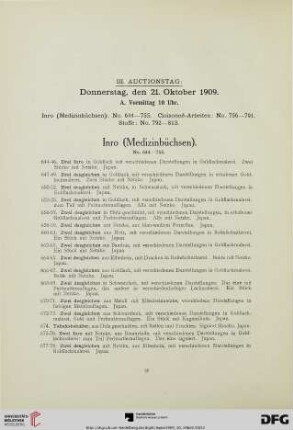 III. Auctionstag Donnerstag, den 21. Oktober 1909, A. Vormittag 10 Uhr.