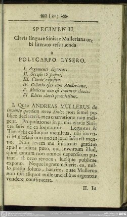 Speciem II. Clavis linguae Sinicae Mulleriana orbi literato restituenda a Polycarpo Lysero