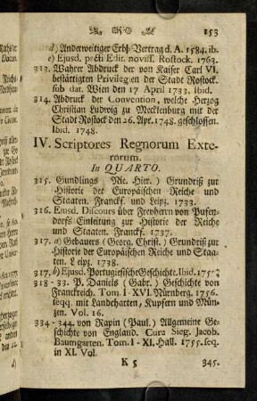 153-171, IV. Scriptores Regnorum Exterorum. In Quarto. - V. Scriptores Juris publici... in Quarto.