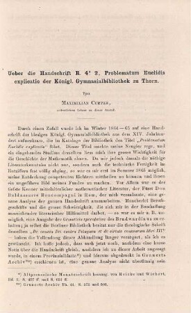 Ueber die Handschrift R. 4°. 2, Problematum Euclidis explicatio der Köngl. Gymnasabibliothek zu Thorn.